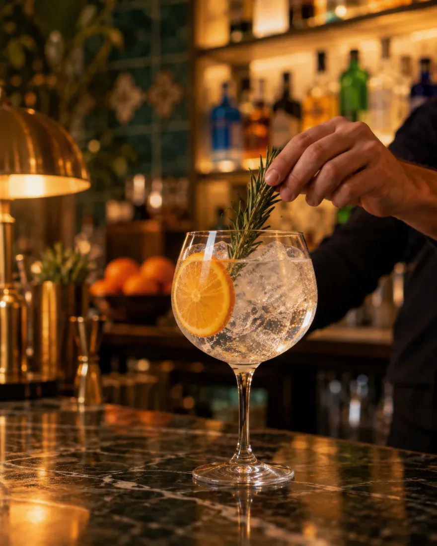 Barman a decorar um gin tónico com alecrim